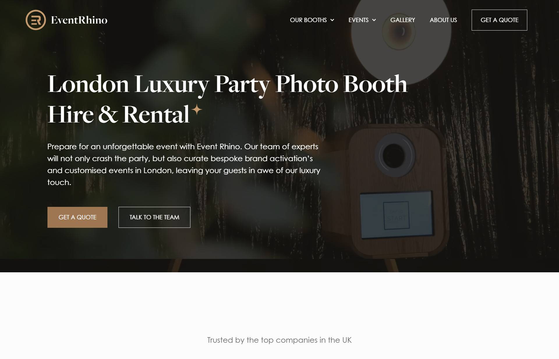 Website showing London luxury party photo boot hire and rental